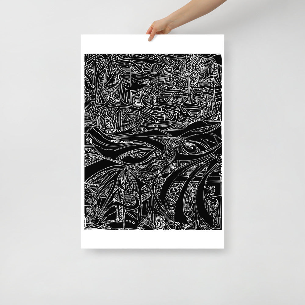 24 by 36 inch print of large, inexpensive, black and white art by surreal landscape artist, Oddly Oaktree.